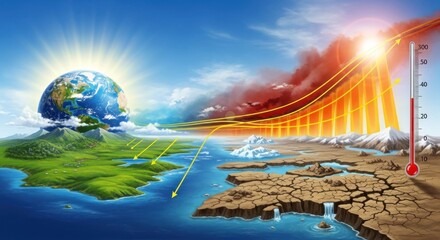 A sun setting over a landscape with a green hill and a red mountain, with a thermometer showing a temperature of 300 degrees Celsius.