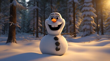 Obraz premium a snowman enjoys a beautiful winter day in a snow-covered forest setting.
