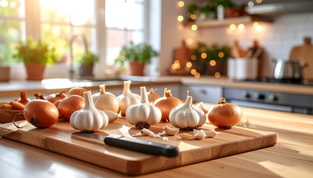 Fresh garlic and onions on a wooden cutting board in a sunny kitchen