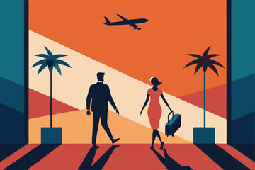 Stylish couple with luggage at airport terminal with palm trees and airplane flying overhead