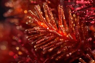 Close-up of red glittery Christmas tree branches. The branches are adorned with sparkling decorations, creating a festive atmosphere.