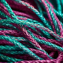 Close-up of colorful fiber-optic wires tangled in flowing waves, neon-like pastel lighting (teal, magenta), glowing strands with soft shadows, futuristic abstract object focus, Generative Ai
