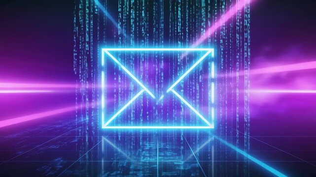 Futuristic Neon Email Icon in Digital Matrix Grid Background