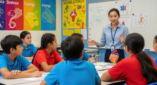 A teacher in a classroom with students, teaching about the human heart. - Powered by Adobe