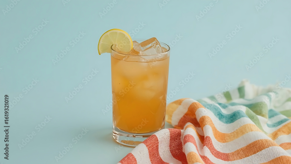 Poster a refreshing ice-filled drink with a lemon wedge is displayed next to a colorful striped towel on a 