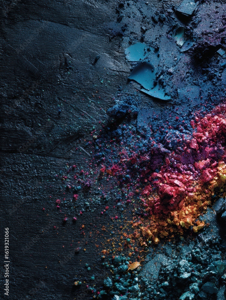 Poster vivid splash of makeup pigments on dark canvas with open space for creativity in artistic expression