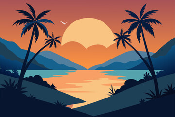 Fototapeta premium Vibrant sunset over tropical ocean with silhouetted palm trees and distant mountains