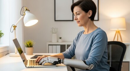 A woman with a prosthetic arm working on a laptop at a desk.
