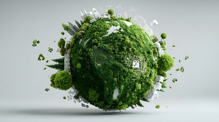 3D rendering of Earth featuring lush green continents, surrounded by floating environmental icons and clean energy symbols on a minimal white background 