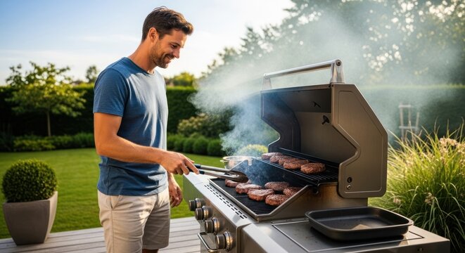 A man cooking burgers on a barbecue grill in a backyard.