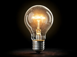 Brightly glowing incandescent light bulb on a dark background