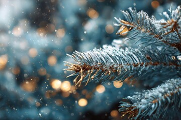 Frosted pine tree branches with snowflakes and soft bokeh lights in the background. A winter scene evoking a serene atmosphere.