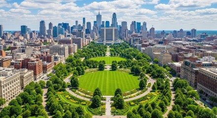 A panoramic view of New York City's Central Park, showcasing the iconic fountain and the Manhattan skyline in the background.