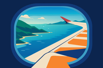 View from airplane window of a scenic coastal landscape with mountains and another aircraft