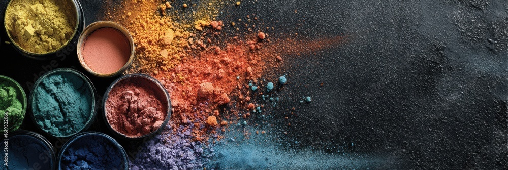 Poster vivid makeup pigments splashed artistically on a dark canvas with space on the upper right for creat
