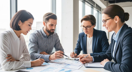 Four business professionals discussing a financial report in a modern office setting.