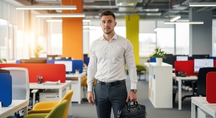 A man in a white shirt and gray pants walking through a brightly lit office with colorful furniture.