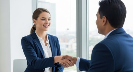 A businesswoman shaking hands with a businessman in an office setting.