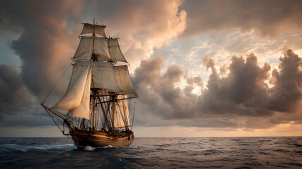 Fototapeta premium Historic tall sailing ship with full sails open navigating the ocean under dramatic cloudscape for maritime travel history and nautical adventure themes