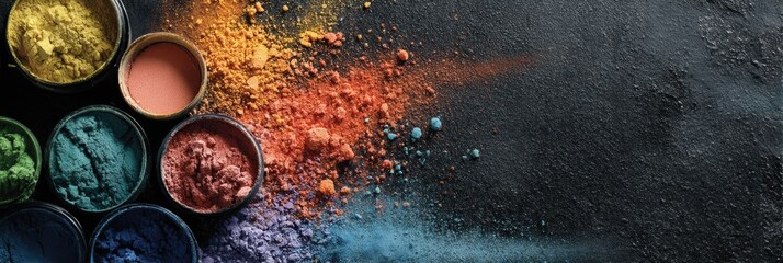 Vivid Makeup Pigments Splashed Artistically on a Dark Canvas With Space on the Upper Right for Creativity