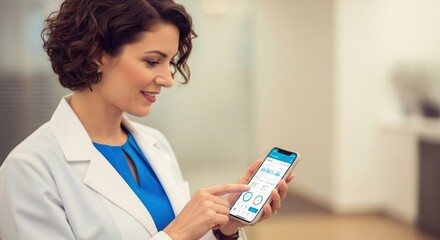 A woman in a lab coat holding a smartphone with a health app on the screen.