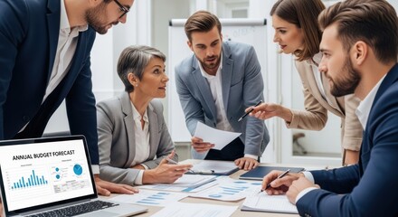 A group of business professionals discussing financial data on a laptop in a conference room.