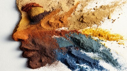 Spilled Pigments Creatively Form a Face Shape With Colorful Hues and Abstract Details in an Artistic Composition