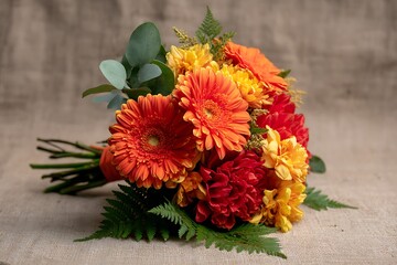 A warm, inviting bouquet of orange gerbera daisies, red dahlias, and yellow marigolds, highlighted with fresh green ferns and eucalyptus.