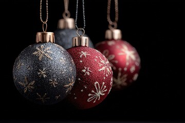 Four decorative Christmas ornaments in red and black with gold patterns hanging against a black background. Ideal for holiday themes and celebrations.