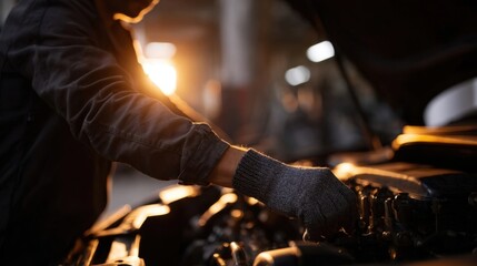 Car maintenance action by mechanic in auto shop engine repair environment with dramatic lighting