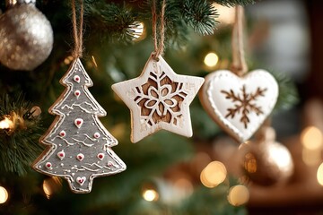 Decorative Christmas ornaments hang from a tree. The ornaments include a silver tree, a star, and a heart, all with intricate designs and warm lighting in the background.