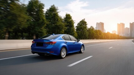 Fototapeta premium Dynamic car journey on urban road at sunset capturing motion and serenity aesthetic viewpoint