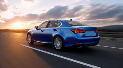 Dynamic drive of a blue sedan at sunset on open road automotive photography scenic landscape eye-level view travel concept