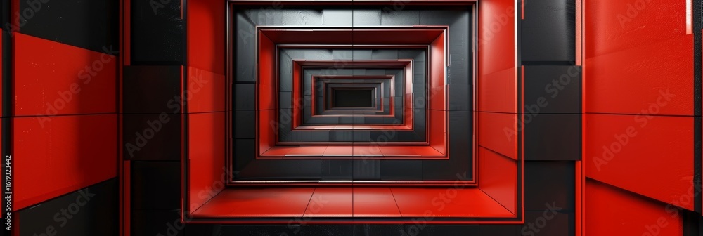 Poster a square frame featuring a bold geometric pattern in shades of red and black.