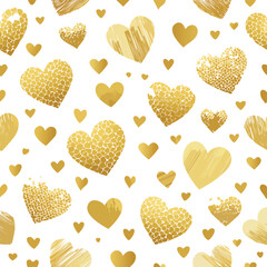 Tiny hand drawn uneven gold heart shapes on white paper background - seamless luxury and minimalistic love card design in vector
