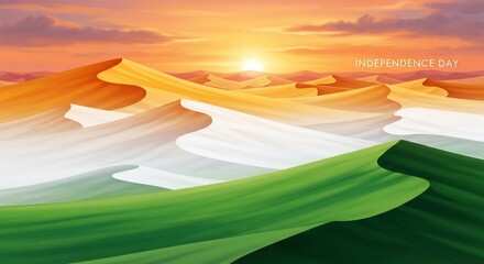 Obraz premium Indian Independence Day: Saffron, White, Green Sand Dunes at Sunset