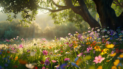 Vibrant wildflower meadow bathed in warm golden sunlight, a serene natural escape