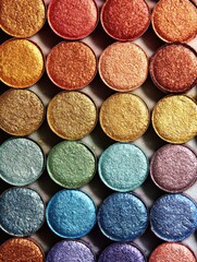 Collection of Shimmering Eyeshadow Pans Arranged in Vibrant Colors With a Soft Diffused Light Effect Showcasing an Array of Hues and Textures