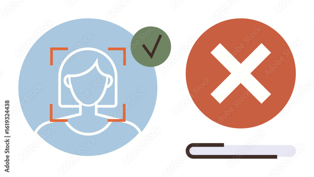 Poster facial recognition graphic with user profile highlighted in blue, green checkmark, and red cross. id