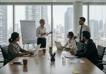 Professionals in formal attire hold a strategic meeting in a modern office, discussing plans with whiteboards and charts in the background.