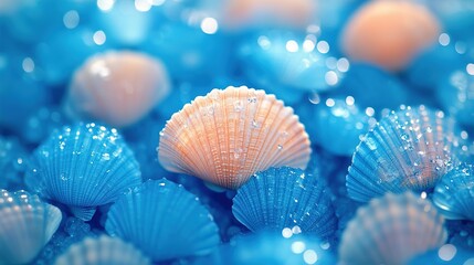 Macro shot of iridescent blue and peach seashells glistening with water droplets and bokeh lights