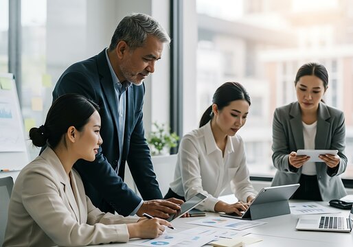 Senior executive guiding a group of professionals during a data analysis meeting in a bright office, with tablets, laptops, and printed charts spread across the desk.