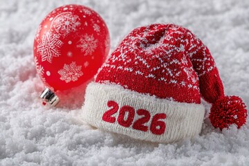 A red knitted Christmas hat with the year 2026 on it, placed on white snow. A red ornament with snowflake patterns is beside the hat.