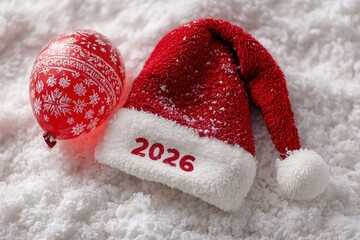 Red Christmas hat with 2026 embroidered on it, placed next to a red ornament with white snowflake patterns on a snowy background.