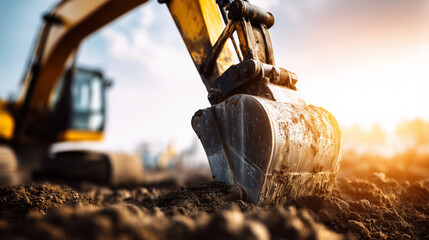 hydraulic excavator arm digging soil at construction shot, closeup, construction concept
