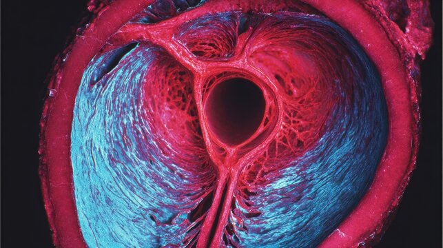 Crosssectional view of a heart with central obstruction demonstrating upstream vessel engorgement in vivid red hues and downstream vessel collapse with bluish tones in a circulatory