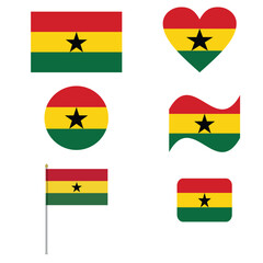 Ghana flag set of icons. Vector flag of Ghana, symbol. Set of Ghana flags button, brush, waved, heart,circle. vector illustration.