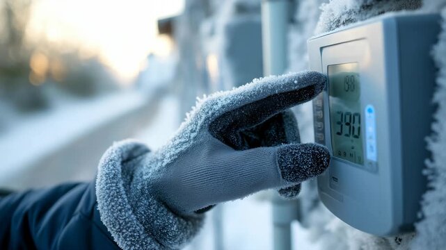 Adjusting the thermostat in a frozen winter landscape to maintain a warm home environment