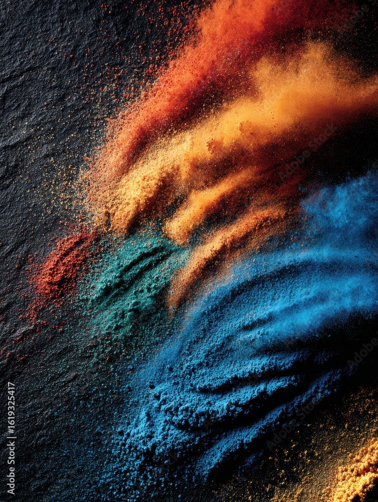 Poster vibrant splash of makeup pigments on dark canvas with empty space for creative expression