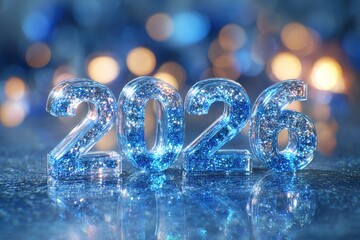 Glittering blue numbers 2026 on a reflective surface with a bokeh background. The scene conveys a festive atmosphere, suitable for New Year celebrations.